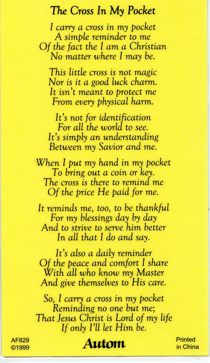 cross-in-my-pocket-laminated-holy-cards-quantity-25-prayer-cards-catholic-pictures for Free Printable Cross In My Pocket Poem CROSS IN MY POCKET - LAMINATED HOLY CARDS- QUANTITY 25 PRAYER CARDS - Catholic Pictures for Free Printable Cross In My Pocket Poem
