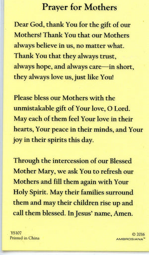 PRAYER FOR MOTHERS - LAMINATED HOLY CARDS- QUANTITY 25 PRAYER CARDS