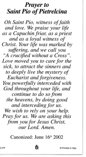 ST. PADRE PIO - LAMINATED HOLY CARDS- QUANTITY 25 PRAYER CARDS