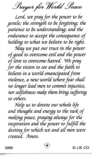 WORLD PEACE PRAYER - LAMINATED HOLY CARDS- QUANTITY 25 PRAYER CARDS