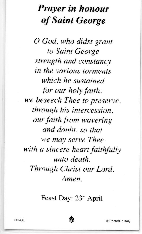 ST. GEORGE - LAMINATED HOLY CARDS- QUANTITY 25 CARDS - Catholic Pictures