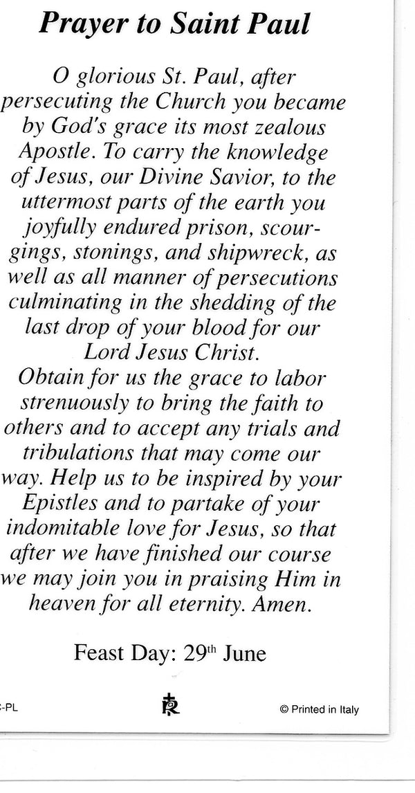 ST. PAUL - LAMINATED HOLY CARDS- QUANTITY 25 PRAYER CARDS - Catholic ...
