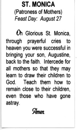ST. MONICA - LAMINATED HOLY CARDS- QUANTITY 25 PRAYER CARDS