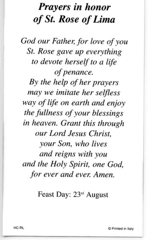 ST. ROSE OF LIMA- LAMINATED HOLY CARDS- QUANTITY 25 CARDS