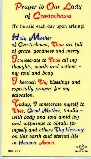 OUR LADY OF CZESTOCHOWA - LAMINATED HOLY CARDS- QUANTITY 25 PRAYER CARDS