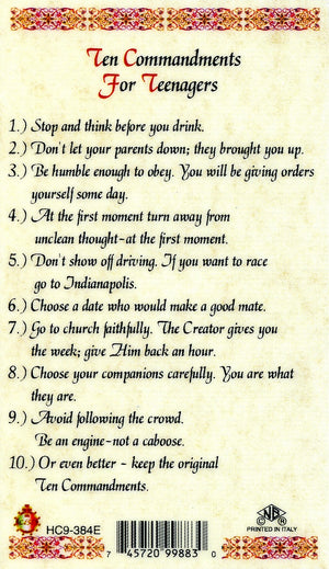 TEN COMMANDMENTS FOR TEENS- LAMINATED HOLY CARDS- QUANTITY 25 PRAYER CARDS