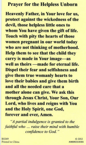 OUR LADY OF GUADELUPE- PRAYER FOR THE HELPLESS UNBORN - LAMINATED HOLY CARDS- QUANTITY 25 PRAYER CARDS