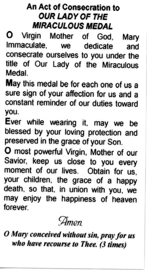 OUR LADY OF THE MIRACULOUS MEDAL- LAMINATED HOLY CARDS- QUANTITY 25 PRAYER CARDS