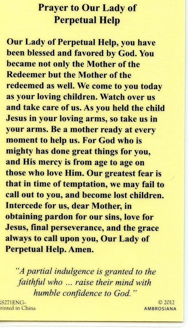 OUR LADY OF PERPETUAL HELP- LAMINATED HOLY CARDS- QUANTITY 25 PRAYER C ...