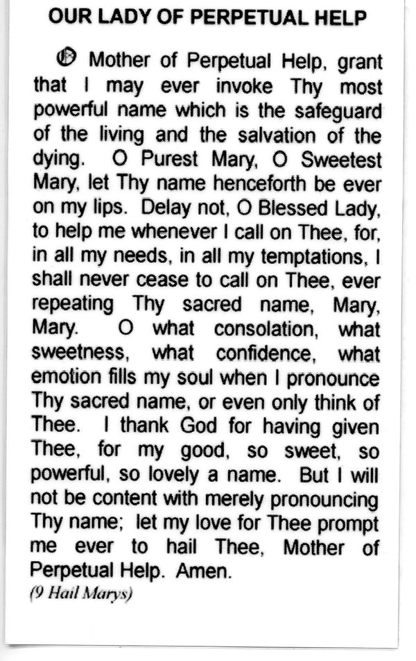 OUR LADY OF PERPETUAL HELP- LAMINATED HOLY CARDS- QUANTITY 25 PRAYER C ...