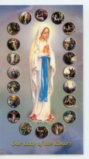 OUR LADY OF THE ROSARY- MYSTERIES OF THE ROSARY- LAMINATED HOLY CARDS- QUANTITY 25 PRAYER CARDS