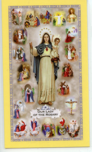 OUR LADY OF THE ROSARY- MYSTERIES OF THE ROSARY- LAMINATED HOLY CARDS- QUANTITY 25 PRAYER CARDS