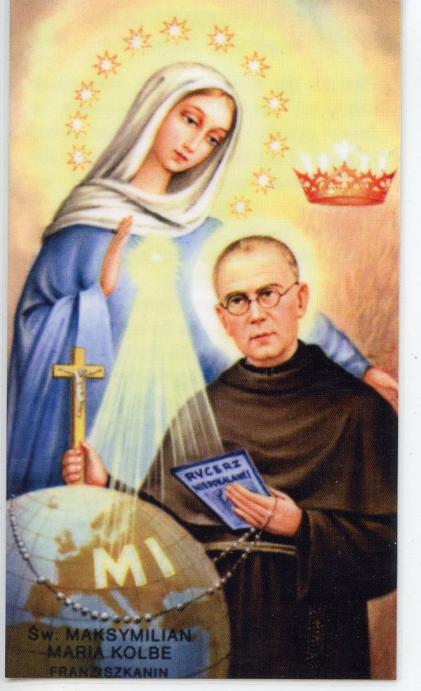 ST. MAXIMILIAN KOLBE- LAMINATED HOLY CARDS- QUANTITY 25 PRAYER CARDS