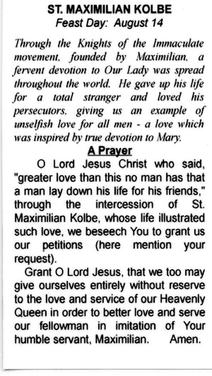 ST. MAXIMILIAN KOLBE- LAMINATED HOLY CARDS- QUANTITY 25 PRAYER CARDS