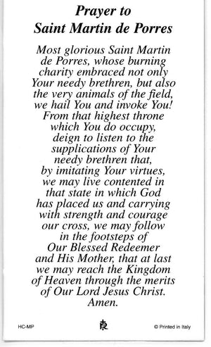 ST. MARTIN DEPORRES  - LAMINATED HOLY CARDS- QUANTITY 25 PRAYER CARDS