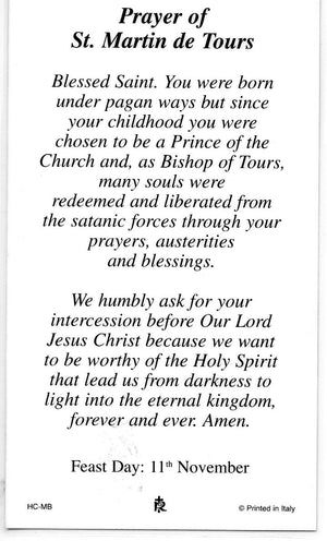 ST. MARTIN DE TOURS  - LAMINATED HOLY CARDS- QUANTITY 25 PRAYER CARDS
