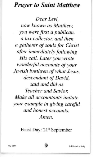 ST. MATTHEW - LAMINATED HOLY CARDS- QUANTITY 25 PRAYER CARDS