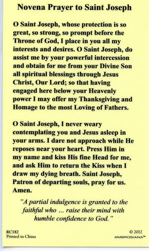 ST. JOSEPH NOVENA - LAMINATED HOLY CARDS- QUANTITY 25 PRAYER CARDS