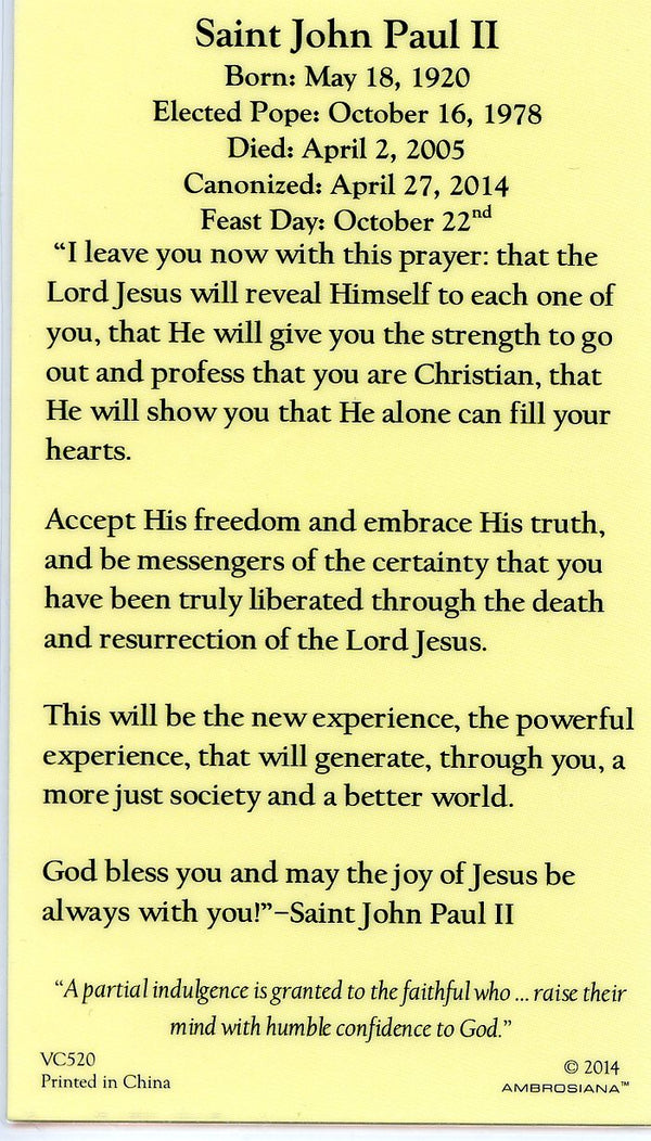 ST. JOHN PAUL- LAMINATED HOLY CARDS- QUANTITY 25 PRAYER CARDS ...