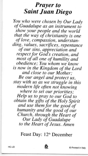 ST. JUAN DIEGO - LAMINATED HOLY CARDS- QUANTITY 25 PRAYER CARDS